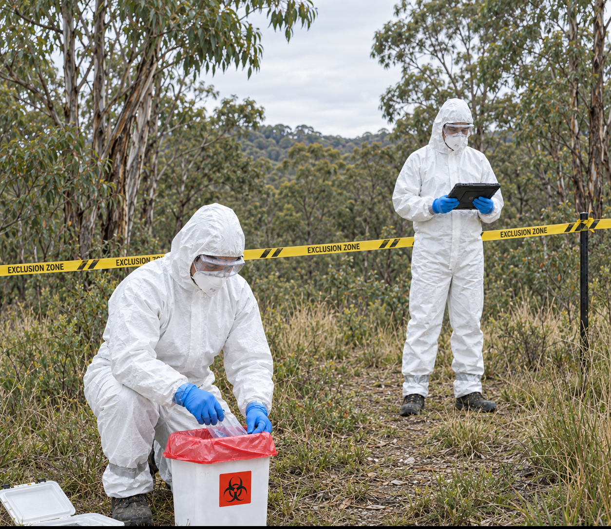 Two Fauna Spotters personnel in full hazmat PPE handling a suspected H5 bird flu case in an Australian eucalypt woodland works site.
